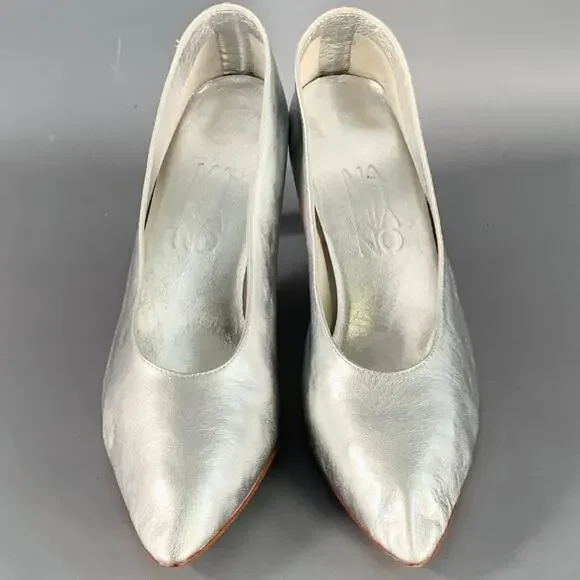 MARTINIANO Size 7.5 Metallic Silver Kidskin Leather Pointed Toe Pumps - Picture 4 of 10